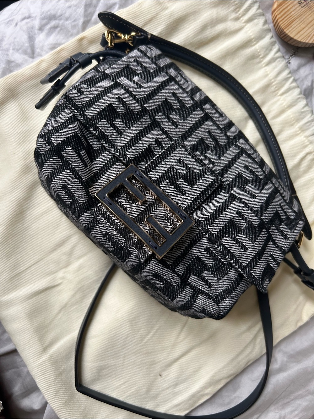 Fendi Black and Gray FF Jacquard Crossbody Bag with Gold Logo